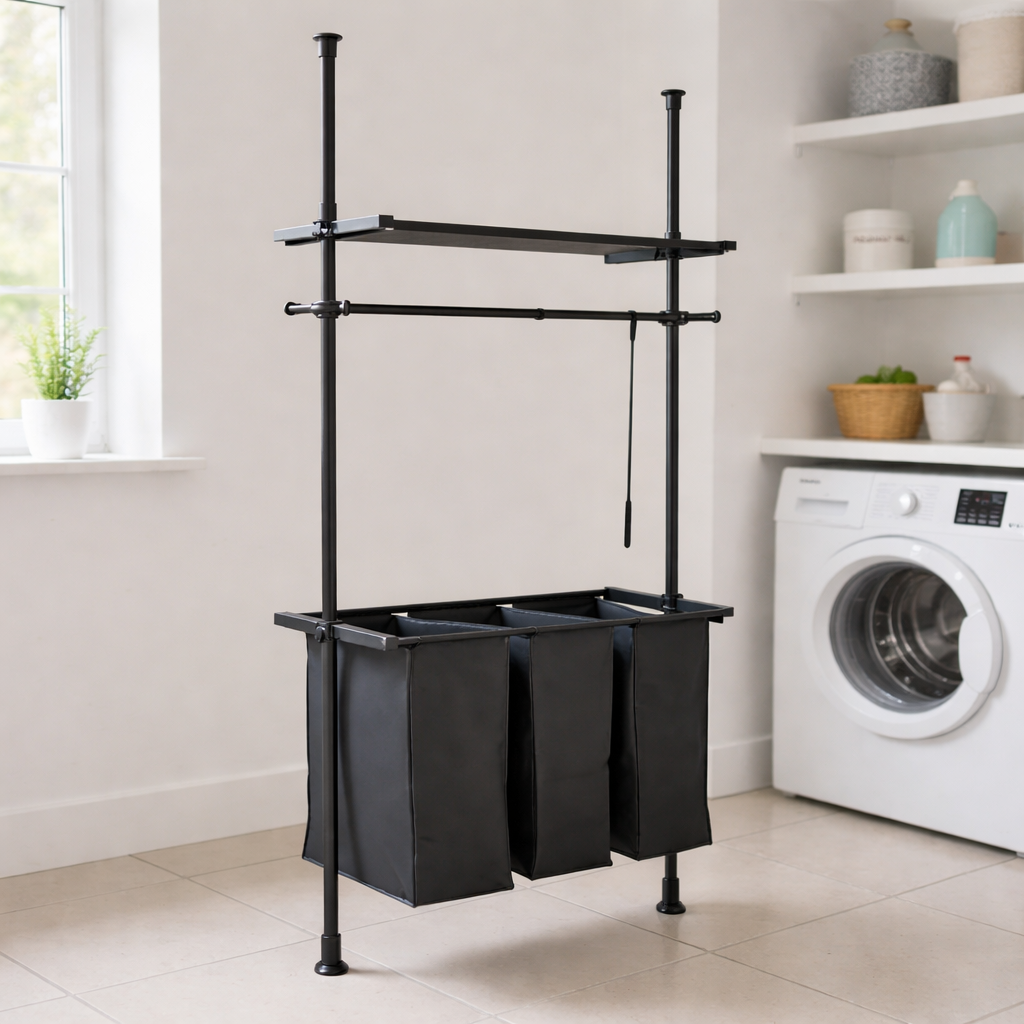 Wenko Hercules Telescopic Laundry Sorter System – Adjustable 3-Compartment Wardrobe Organizer